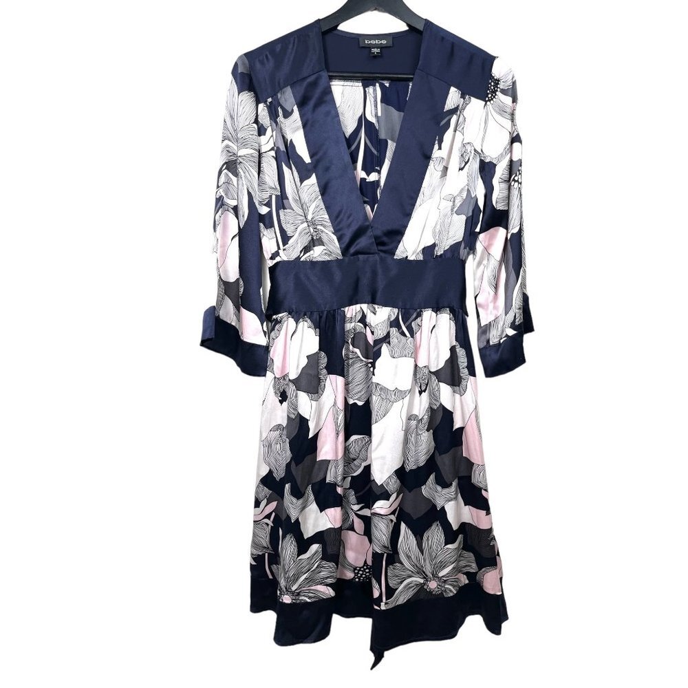 BEBE Navy 100% Silk Kimono Dress‎ Y2K size S